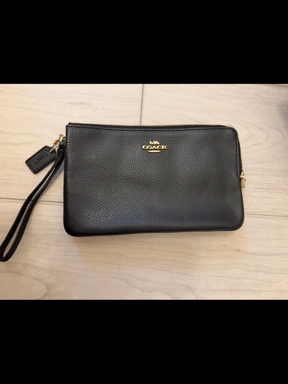 Coach Black Pebbled Leather Wristlet with Gold Hardware